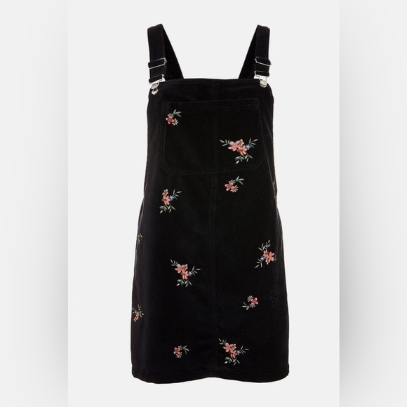 Topshop Moto Velour Embroidered Overall Dress Dungaree Black Floral Size 8 US - Picture 11 of 13